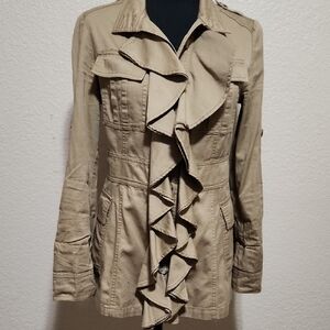 Tan Trench Coat with Dramatic Ruffle Detail